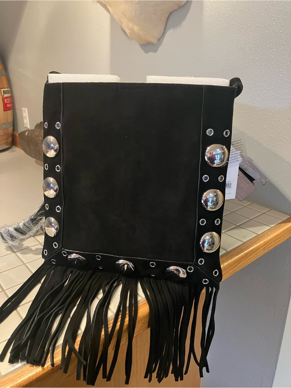 Moda Luxe Black Suede Fringe Shoulder Bag with Silver Studs